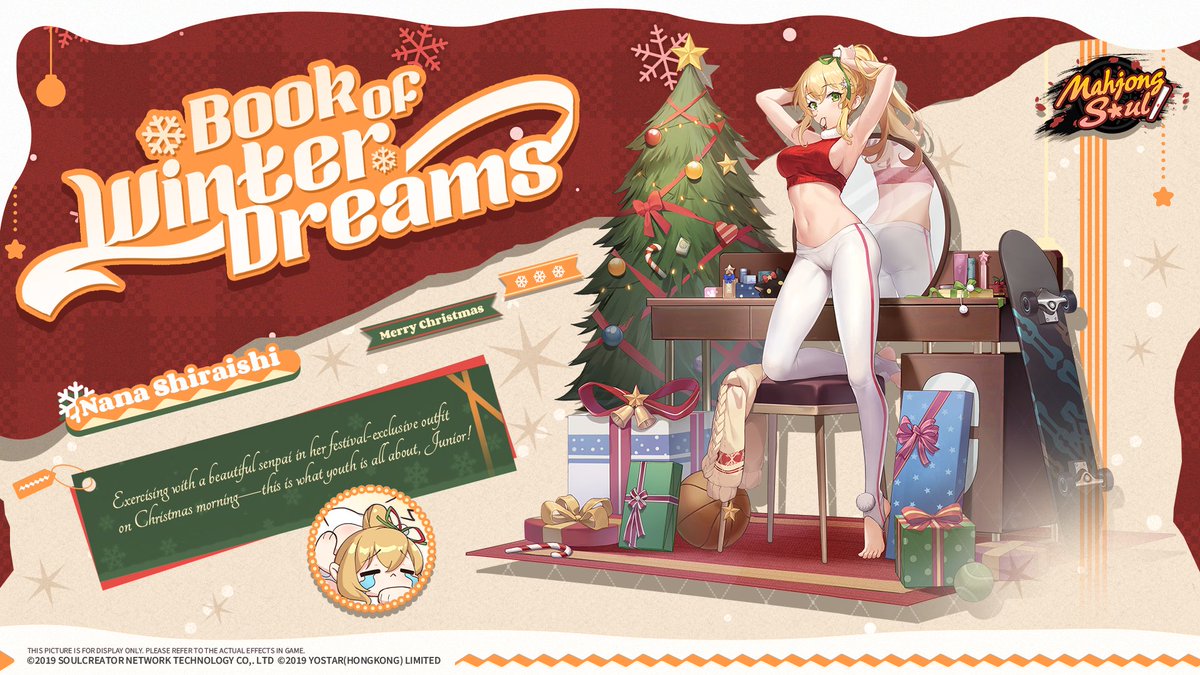 MahjongSoul_EN's tweet photo. [New Outfit - Book of Winter Dreams - Nana Shiraishi]

"Exercising with a beautiful senpai in her festival-exclusive outfit on Christmas morning—this is what youth is all about, Junior!"

Follow & share for a chance to win the new Outfit! 3 winners drawn on X or FB after maintenance.

#MahjongSoul #Yostar