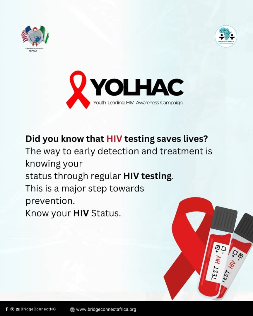 Know Your Status! This #WorldAIDSDay, let's emphasize the importance of HIV testing. Early detection = timely treatment = saved lives! Let's end HIV stigma &amp; ensure access to testing for all. #BCAI #YOLHAC #EndHIVStigma #EndAIDS #USinNigeria #PEPFARNigeria #PEPFARsmallgrants"