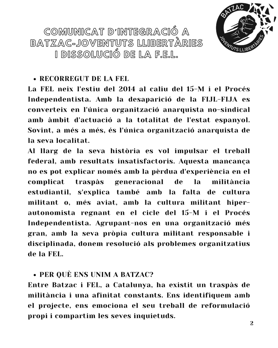 📣Comunicat d’integració a Batzac-JJLL i dissolució de la FEL.

FEL-UAB passem a formar part de Batzac, naixent Batzac-UAB!
Si esteu interessades a conèixer el projecte i participar amb nosaltres, escriviu-nos!

🖤❤️