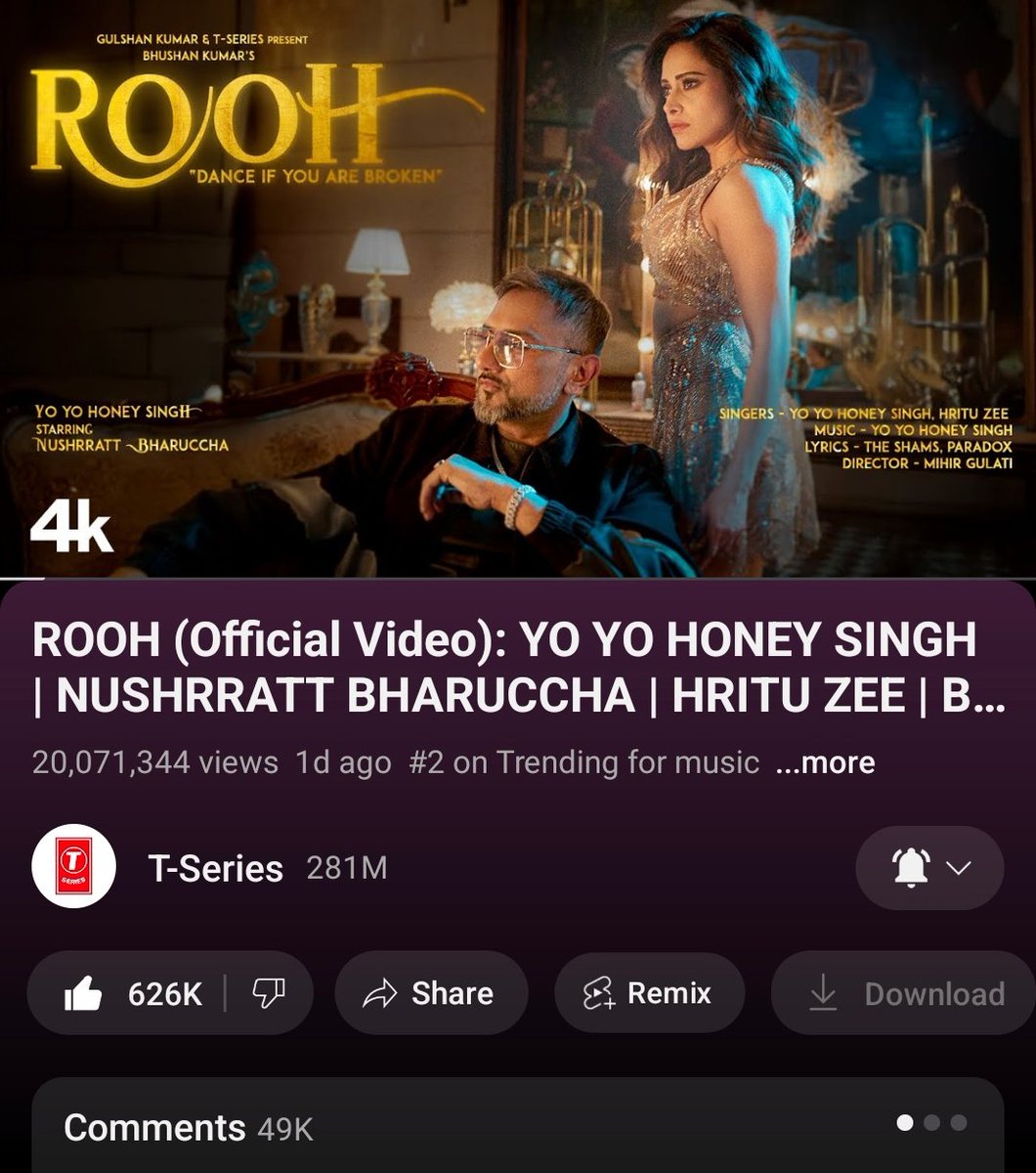 YoYoXJabraFan's tweet photo. ROOH Song By Yo Yo Honey Singh &amp; Hritu Zee Is TRENDING In 12 Countries - NO. 1 On World Charts With More Than 20 Million Views &amp; 6 Lakh Likes! https://t.co/wnLGSjB35v