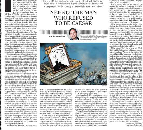 ShashiTharoor's tweet photo. My column in the @NewIndianXpress today, on the occasion of the Lok Sabha debate on the Constitution, examines Prime Minister Nehru's contribution to building and entrenching our democracy: https://t.co/P05tRfAEx5