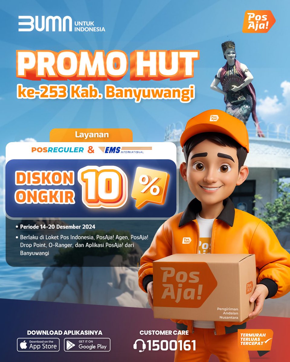 PosAjaOfficial's tweet photo. Hai, Sahabat PosAja!
Spesial merayakan HUT ke-253 tahun Kabupaten Banyuwangi bersama PosAja!
Berlangsung mulai dari 14-20 Desember 2024…
#MajuBersamaUMKM #PestaUMKMAkhirTahun #PosAja! #PosIND #PosIndonesia #KirimPaket #PromoPosAja! #HUTBanyuwangi #PromoBanyuwangi https://t.co/Io8FuQGW9o