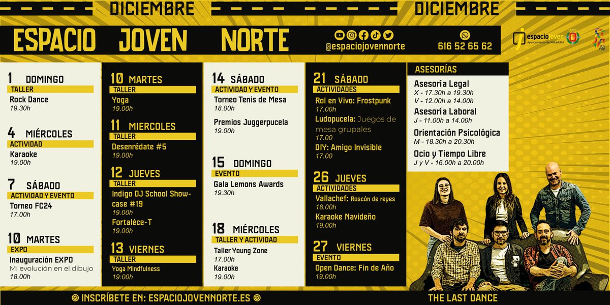 Diciembre. The Last Dance.❄️
🧘Yoga 🕺Rock Dance🚭Young Zone🏓Torneo Tenis de Mesa 🔊Sesión DJ👩‍🍳Vallachef 🎤Karaoke  🖼️Expos  🪩 Open Dance  🎮Torneo FC24🎲Ludopucela 

🔗Info e inscripciones  ➡️ espaciojovennorte.es