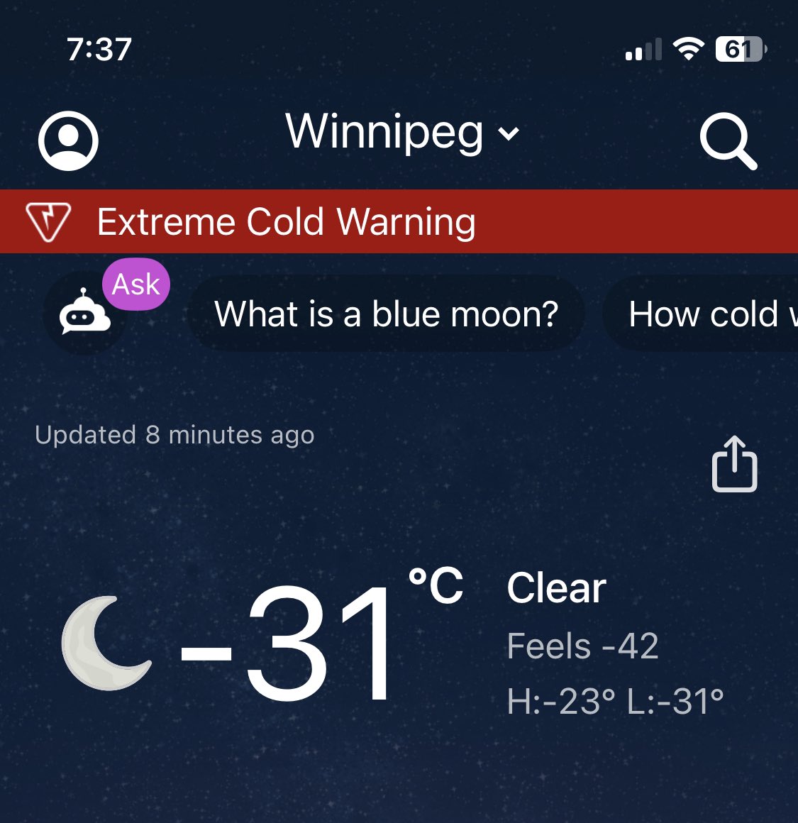 djjunangeles's tweet photo. Winnipeg, Manitoba got hit with -42 degs Celsius (real feel) this morning and it just felt like a typical day in the lives of Winnippegers. 🥶 https://t.co/vECYz7tvEG