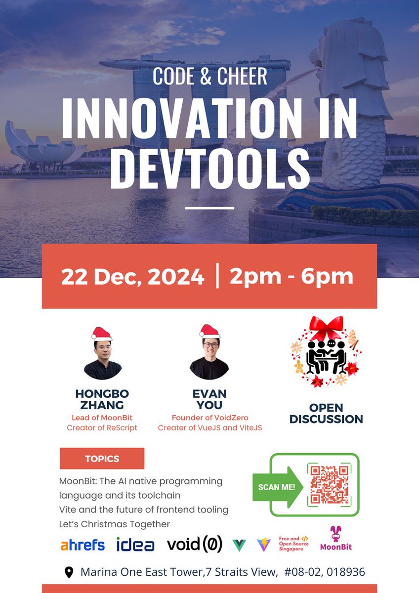 anneincontext's tweet photo. Staying in SG 🇸🇬 this Christmas?
Celebrate with @evanyou & @bobzhang1988 at @ahrefs 's office! 🎄✨
🗓️ Dec 22nd, 2-6 PM
Let’s talk @moonbitlang , @voidzerodev , @vite_js , and most importantly, enjoy a cheerful Sunday afternoon together! 🎉
#SGEvents #ChristmasMeetup https://t.co/u5bJpxMOay