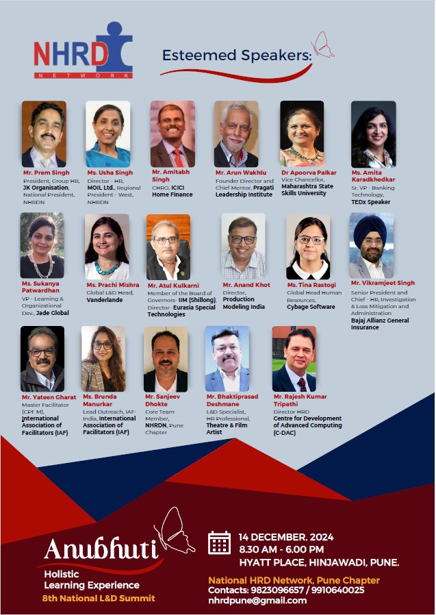 nhrdnpune's tweet photo. 🚨 Anubhuti: The 8th national L&amp;D Summit 2024 by NHRDN Pune 
🗓️ 14th Dec 2024 | ⏰ 8:30 AM – 6 PM
📍 Hyatt Place, Hinjawadi, Pune
✨ Keynotes, panels, drama, &amp; sessions on HR, D&amp;I, &amp; Gen Z leadership!
📞 Aman: 9823096657 | Nalin: 9910640025
🎟 Register: https://t.co/CpuSmu5s4L https://t.co/xpYXneEKAk