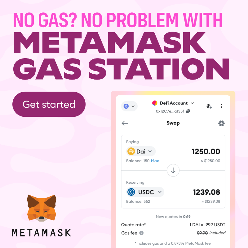 MetaMask's tweet photo. No gas? No problem. MetaMask Gas Station includes gas fees directly in your quote. No need to set aside extra ETH to cover gas fees.