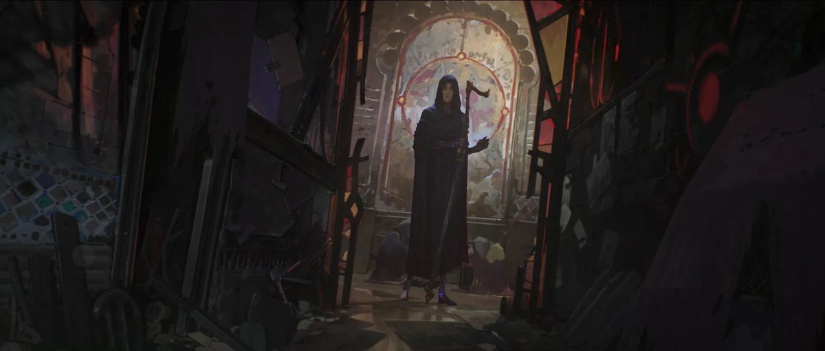 KILUC0RE's tweet photo. i love this shot because its clearly portraying that viktor is a religious symbol but because of the tilted angle and the dark shadows its warning us that there's something off about it, that he's a false god https://t.co/m3npGbQOEN