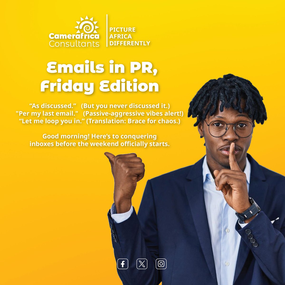 camerafrica's tweet image. Emails are PR’s version of a workout—mentally exhausting, but oddly satisfying when you hit inbox zero.  How’s your Friday inbox looking? Let’s chat while we caffeinate! 
#EmailHumor #PRJokes #FridayMood #CommsLife