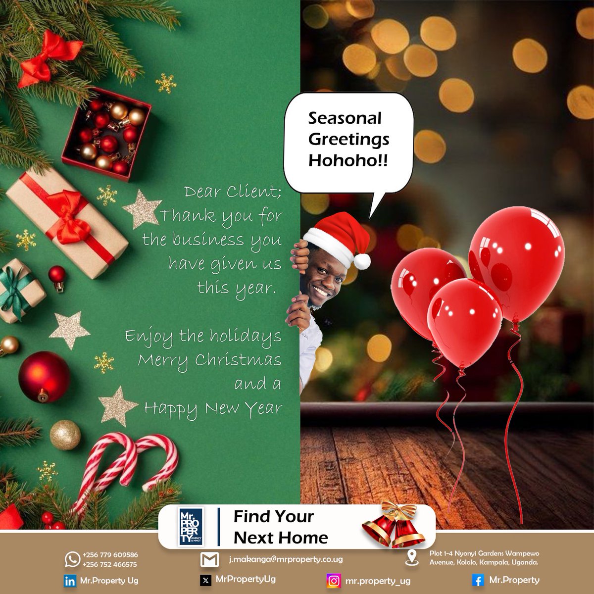 MrPropertyUg's tweet photo. @wekesa_amos @Ugandalodgesltd Dear client; 
We wanna appreciate you for the business you have given us this year!

Merry Christmas to you and your family…

Happy holidays 🎄🎄🎅🏽 https://t.co/3lzxqzR0gS