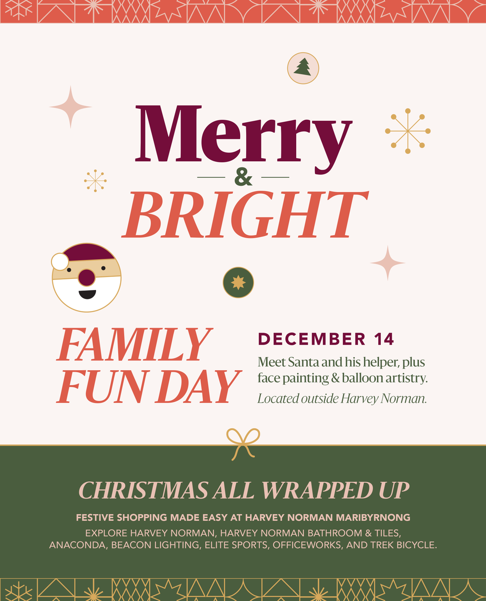 The Westsider (@westsidernews) on Twitter photo On December 14, Merry & Bright - Family Fun will have fun festivities including face painting, balloon artists, and roaming Santa located outside Harvey Norman Maribyrnong from 11am to 2pm. On December 14, Merry & Bright - Family Fun will have fun festivities including face painting, balloon artists, and roaming Santa located outside Harvey Norman Maribyrnong from 11am to 2pm.