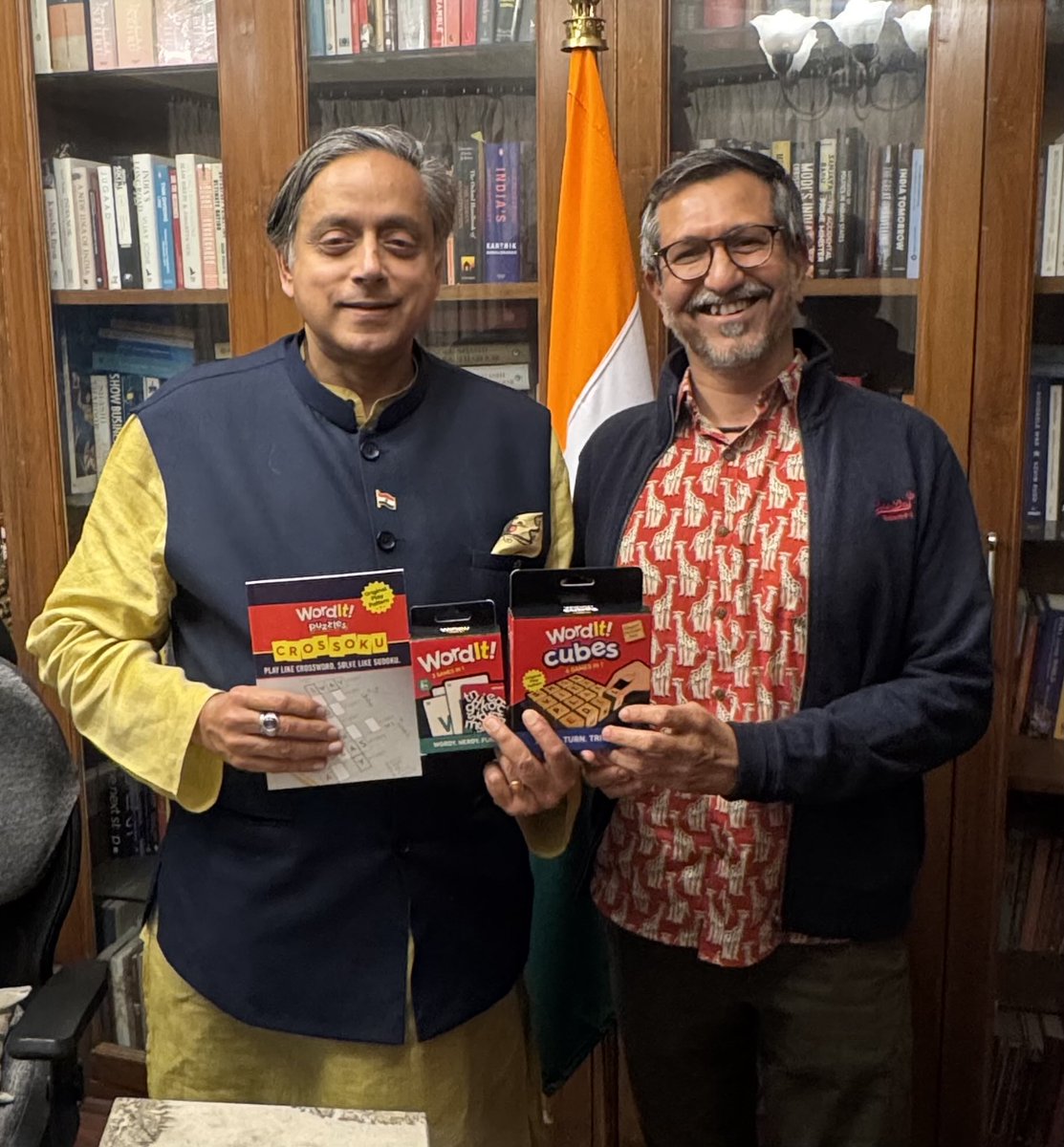 ShashiTharoor's tweet image. Delighted to meet @abhijitavasthi of @WordIt!, who shares my love for language, word trivia &amp;amp; word puzzles. Thoroughly enjoyed the games he showed me and have already started playing @Crossoku daily — a delightful blend of Crosswords &amp;amp; Sudoku, made in India for the world!