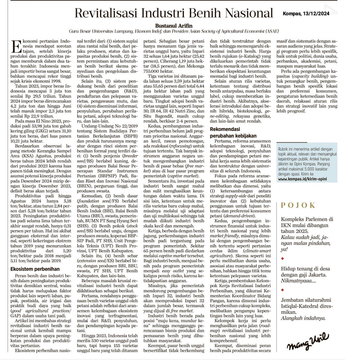 Jika berkenan membaca, saya pagi ini menulis artikel op-ed tentang “Revitalisasi Industri Benih Nasional” di Kompas. Saran dan momentar ditunggu.

kompas.id/baca/opini/202…