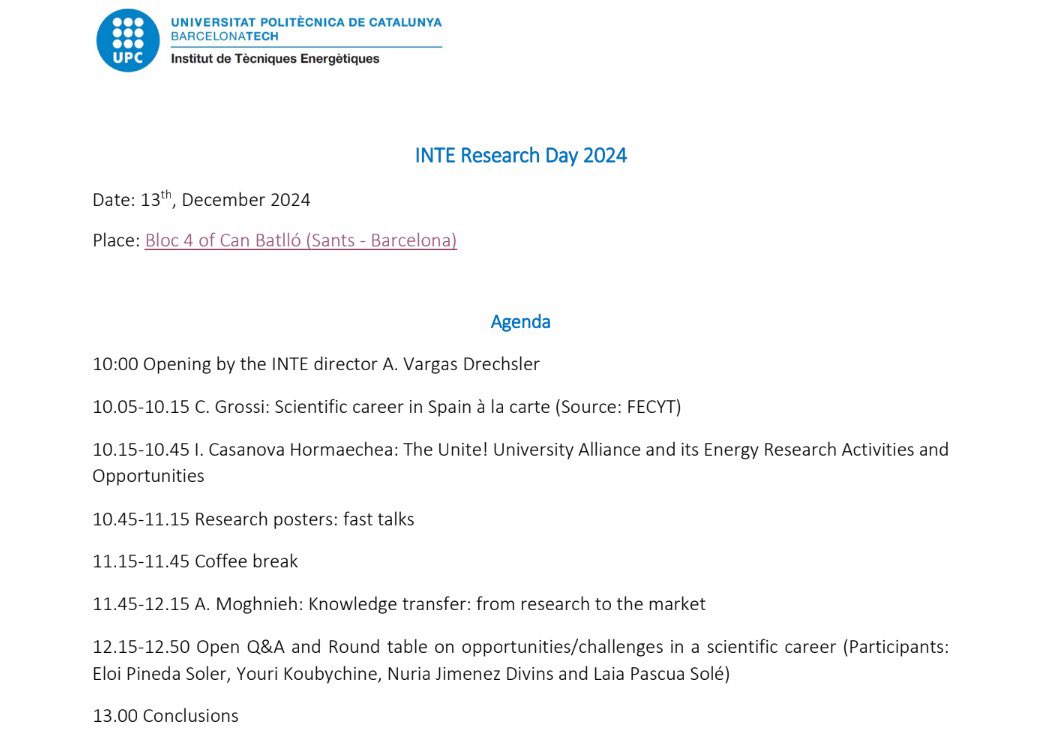 ClaudiaGrossi4's tweet photo. @INTE_UPC Research Day 2024 is going to take place at @Bloc4BCN . The event will focus on opportunities and challenges for our young researchers careers, with talks by @ignasicasanova coordinator of @unite_energy_  for @la_UPC and Ayman Momghein managing director at @NakedInno https://t.co/SZ9ywBPatc