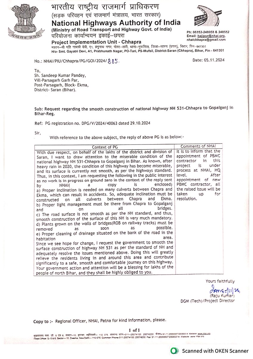 SkrPandey15's tweet photo. Requesting the honourable Minister of Road Transport &amp; Highways to order the concerned authorities for approval for the smooth construction of NH531(Chapra to Gopalganj) of Bihar. @OfficeOfNG ,@nitin_gadkari https://t.co/mm2mmkSMlM