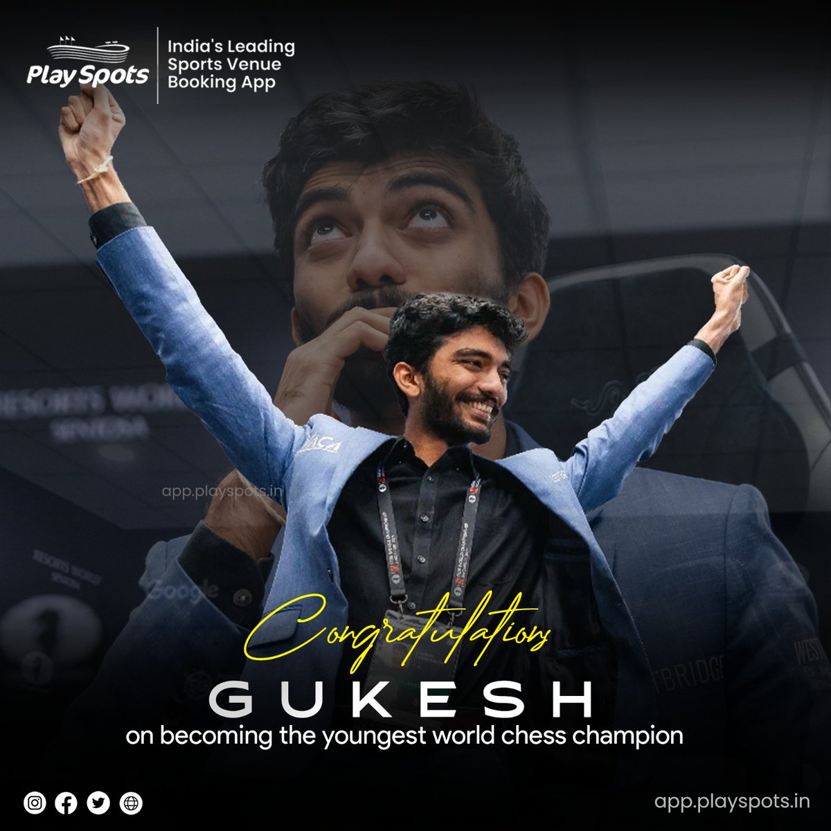 PlaySpotsApp's tweet photo. Congratulations, World Champion! @DGukesh 🇮🇳♟️

 18-year-old GUKESH DOMMARAJU makes history to become the youngest-ever undisputed classical chess world champion. What an achievement young man 

#WorldChessChampionship2024 #DingvsGukesh #DingGukesh #chessbaseindia https://t.co/T4LBj4qmGV