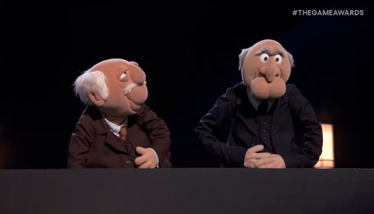 HypraSeaPea's tweet photo. I think Keighley has found his perfect game awards muppets in Statler and Waldorf. Those guys need to be on this show every year, and, in fact, most public televised events from now on. The Olympics should be able to cut to two old guys trash talking the event every half hour. https://t.co/xk1O7l6YB4