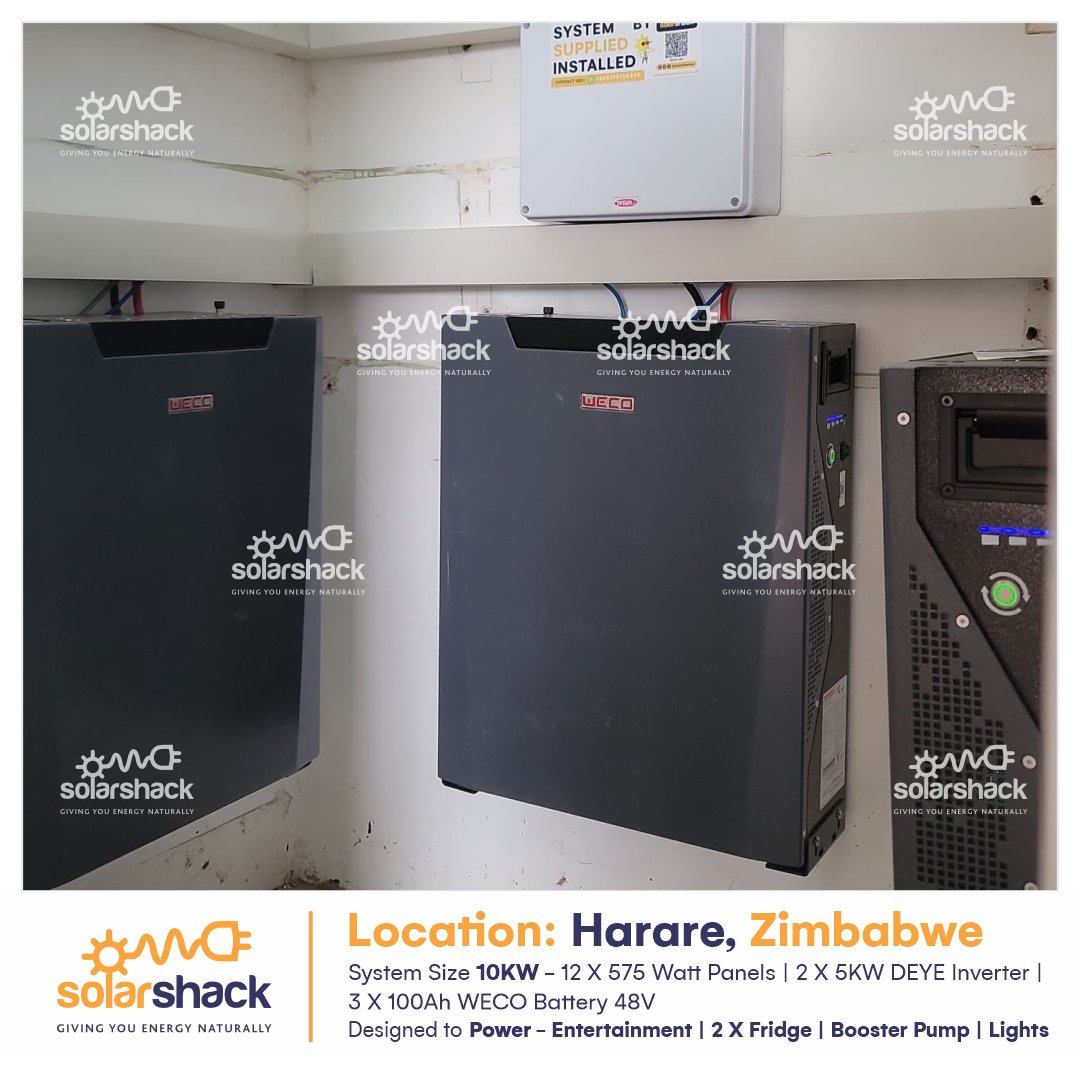 Installation Recap in Harare 

System Size 10KW - 12 X 575 Watt Panels | 2 X 5KW DEYE Inverter | 
3 X 100Ah WECO Battery 48V
Designed to Power - Entertainment | 3 X Fridge | Booster Pump | Lights

Call: +263712124393
Add: 76 Churchill Avenue, Alex Park, Harare

#solarshackzw