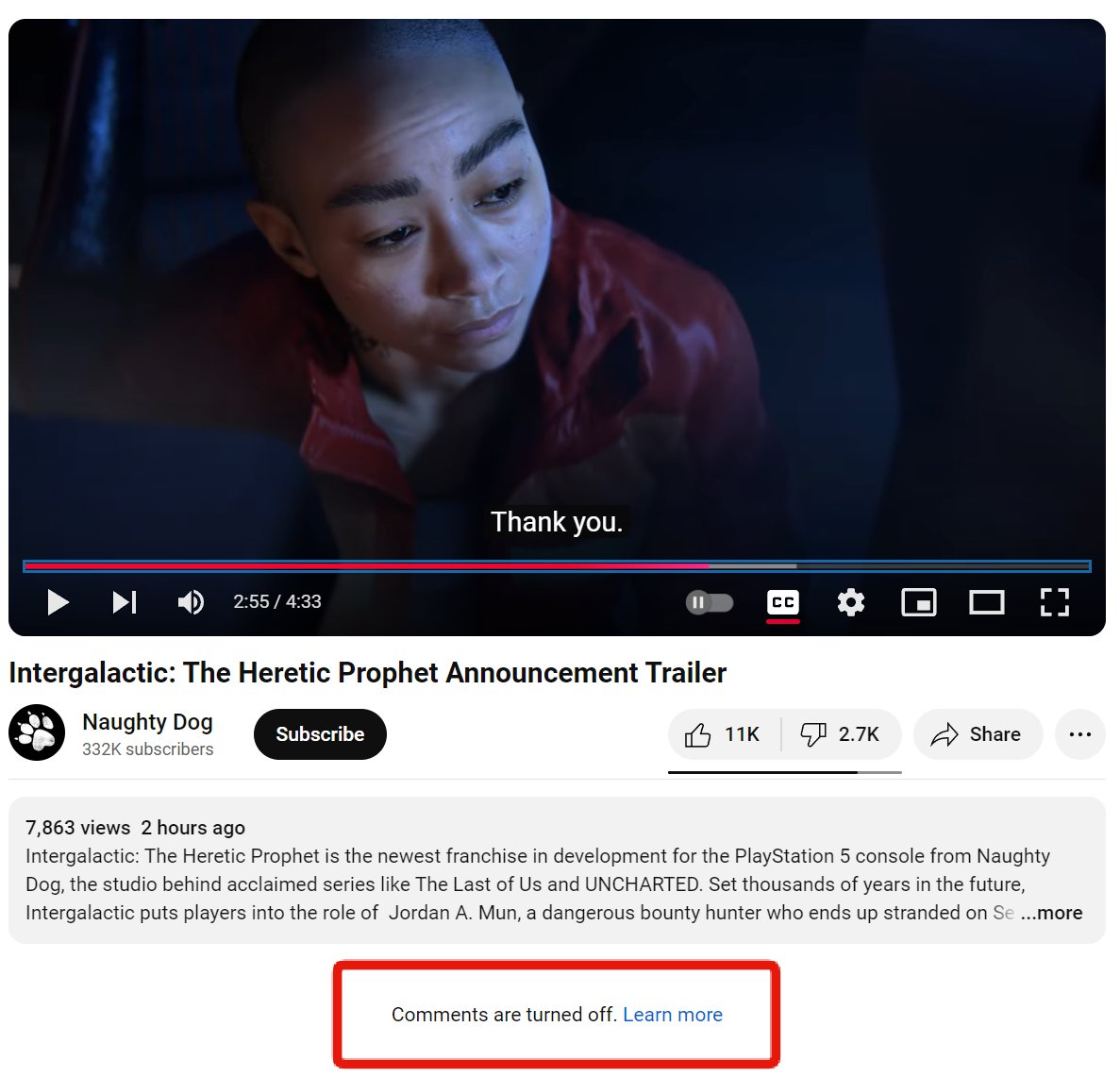 Grummz's tweet photo. Naughty Dog turned off comments on their trailer for Intergalactic. https://t.co/jT0okJlQYC
