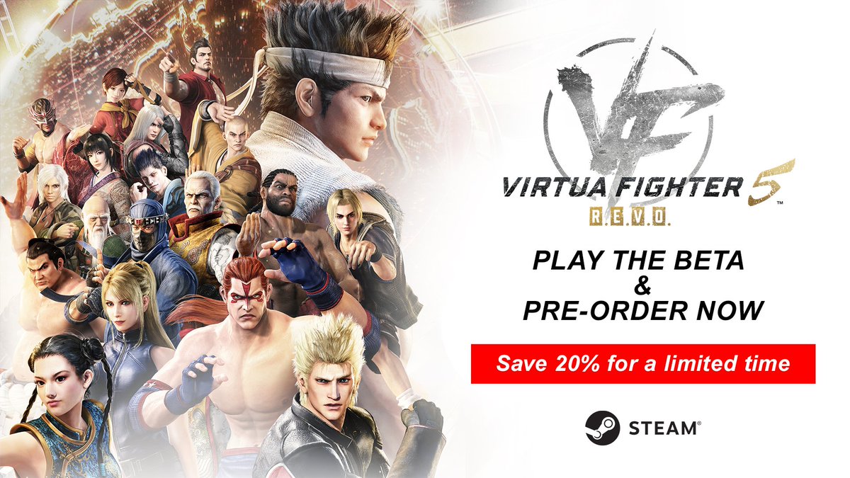 SEGA's tweet image. Virtua Fighter 5 R.E.V.O. open beta is available now on Steam for a limited time until 12/16 at 9 PM PST!⏰

Pre-order Virtua Fighter 5 R.E.V.O. on Steam today and receive 20% off 🏷️

🛒 store.steampowered.com/app/3112260/