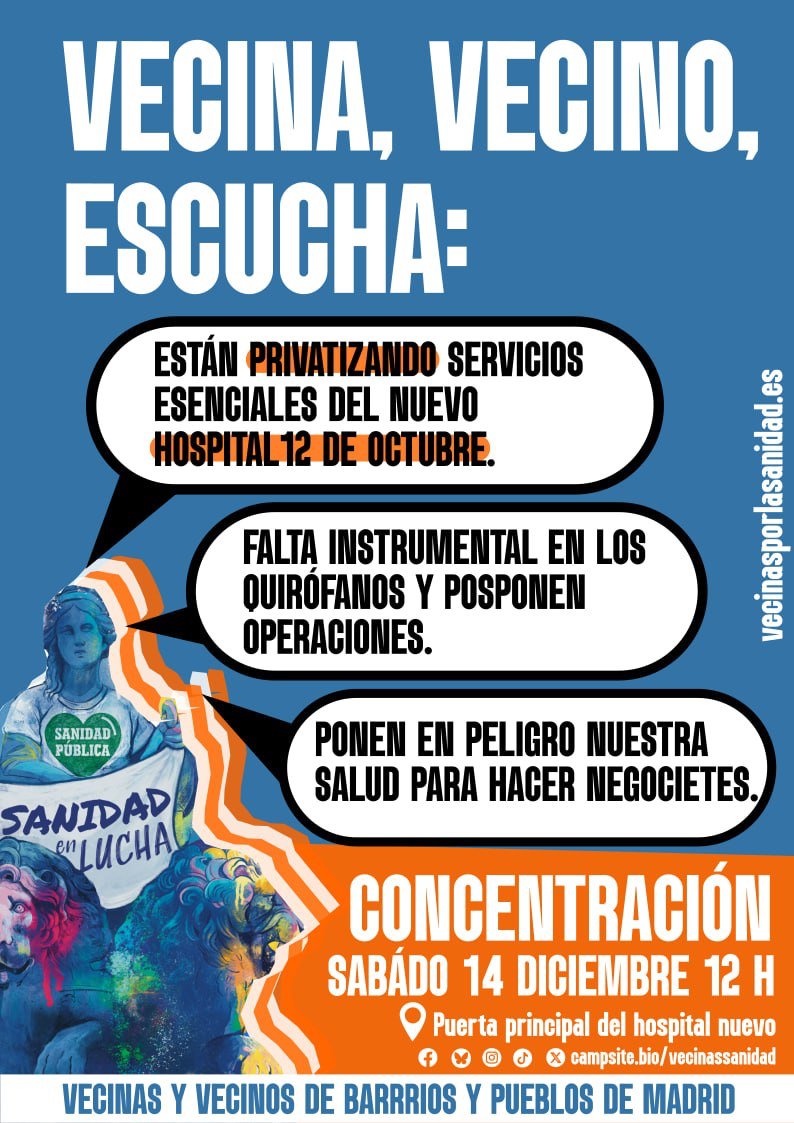 MtzPorLoPublico's tweet photo. 🏥 El hospital #12Octubre ha privatizado el servicio de esterilización.
Se ANULAN OPERACIONES por graves errores: el instrumental LLEGA TARDE, con MATERIAL INCORRECTO o INCOMPLETO.
🗓 Sábado 14 de diciembre
🕛 12:00
📍 Puerta Principal del 12 de octubre

N O    F A L T E S https://t.co/32YRbctYGU