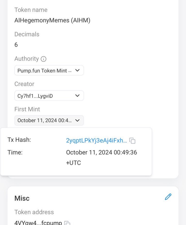 gmgnpepe's tweet photo. <thread>

$AIHM thesis.

Note: purely speculative, dyor. Nfa.

CA: 4VYqw4taheRVmv2HqyQQiV99boYh6UbKx6zn4Afcpump

1) Provenance - Deployed Oct 11, 2024 00:49:36+UTC

3:41min after $GOAT was deployed.

Very early in the ai agent token trend

2) Deployed 3 days before $MemesAI

<1/> https://t.co/jTcAB92Bnl