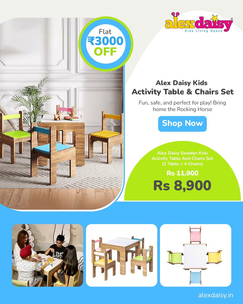 AlexDaisy_'s tweet photo. Bring your little one’s imagination to life with the Alex Daisy Sweden Kids Activity Table &amp; Chairs Set! Perfect for play, learning, and fun family moments. 🌟

Get it now for just ₹8,900 (Flat ₹3000 OFF!) 🎉
Upgrade your kid’s space while this offer lasts. 💫 https://t.co/RqTdlZZH7M