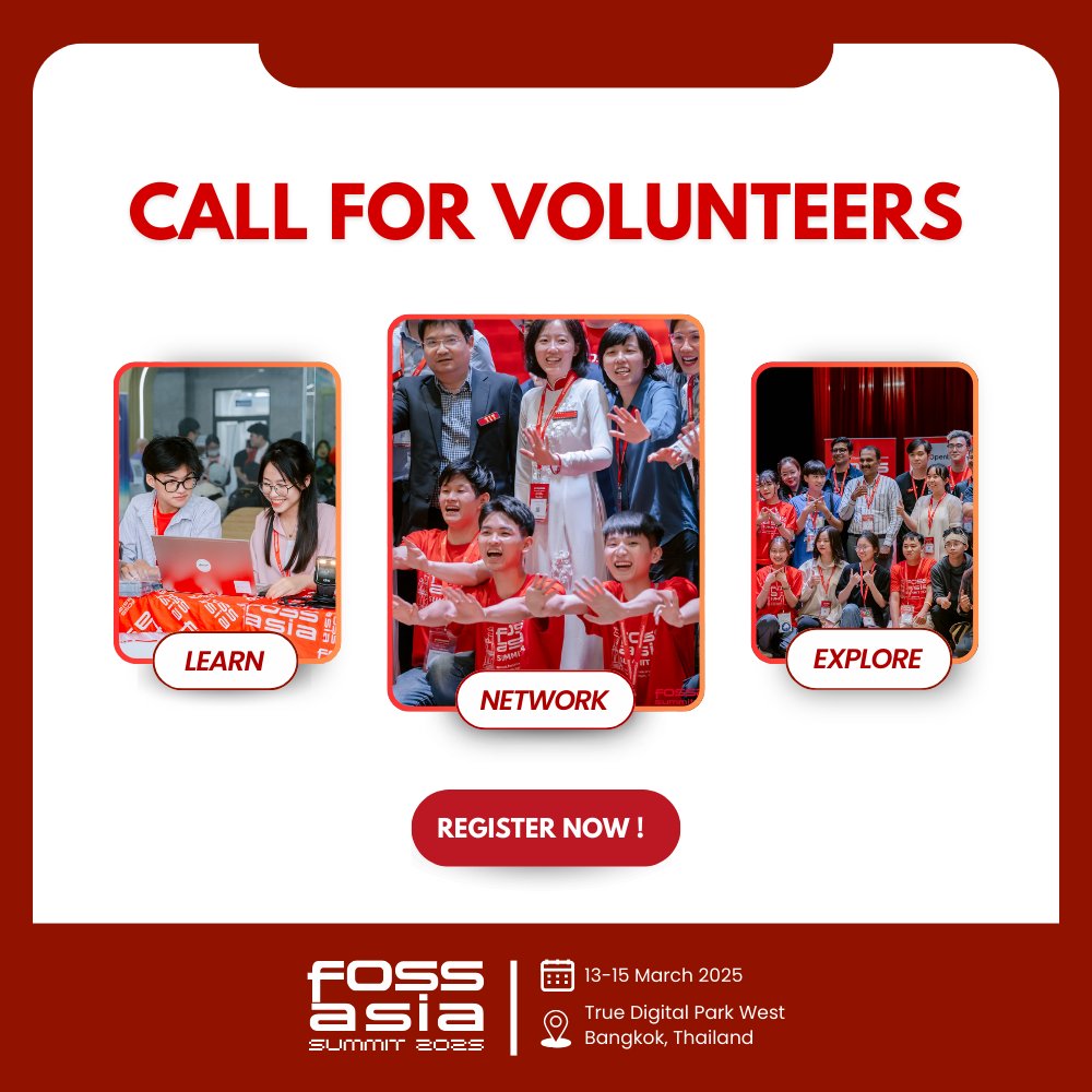 fossasia's tweet photo. Join Our Mission! 

We're seeking passionate volunteers to help make our #FOSSASIAsummit2025 unforgettable. Whether you have skills to share or time to give, YOU can make an impact! 🙌

Be part of our summit at: https://t.co/OAiuYFHFdJ https://t.co/nQz8GAnRJC