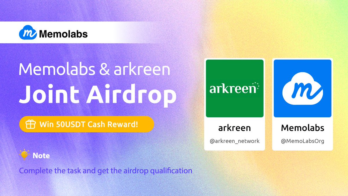 🎉 Save energy and reap rewards with <a href="/arkreen_network/">arkreen</a>!

Qualify for the #MEMO Airdrop and enter the USDT Lucky Draw! 🚀

🔗app.galxe.com/quest/MemoLabs…

🌟 Steps to participate:
1️⃣ Follow <a href="/MemoLabsOrg/">MemoLabs</a>
2️⃣ Follow <a href="/arkreen_network/">arkreen</a>
3️⃣ Like and retweet this tweet!

Note: Enter to qualify