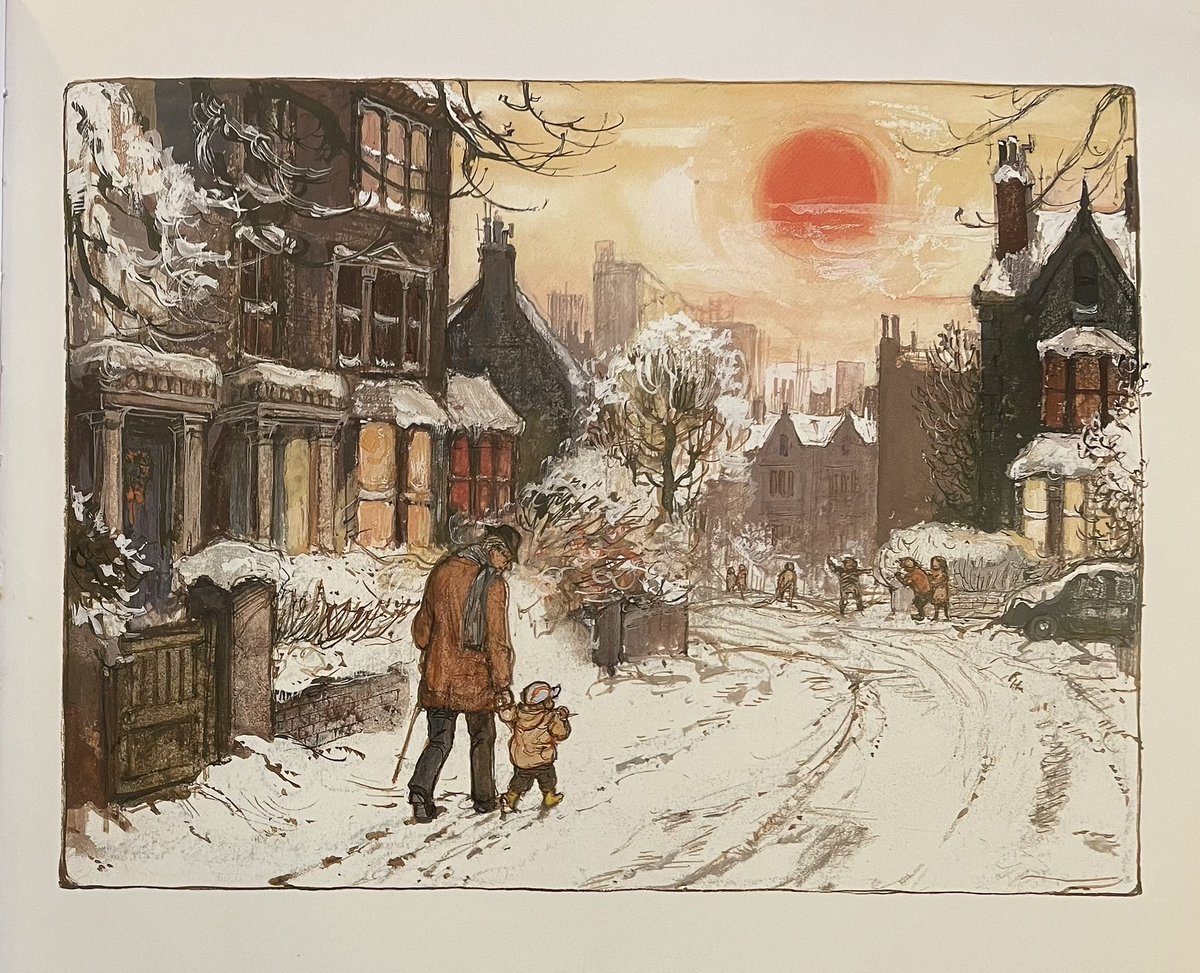 Christmas can be quite tiring. Tom gets very excited about his presents and rather cross. So he and Grandpa go for a walk together in the snow, just the two of them. The sun is very big and red. 

Lucy and Tom At Christmas