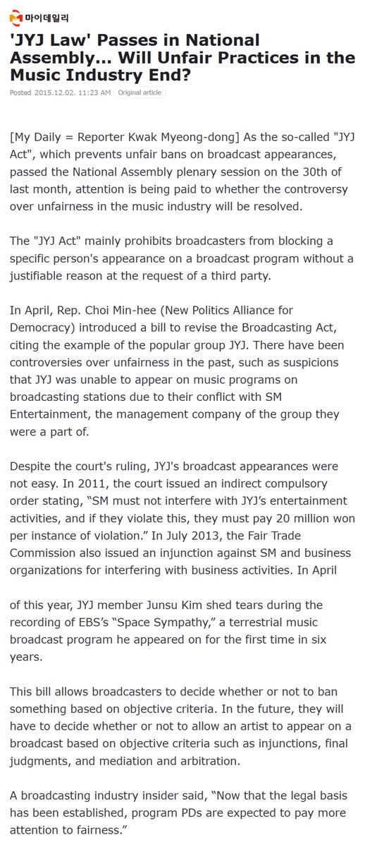 fifihunnie's tweet photo. KMCA will be violating the JYJ law passed in 2015, which prohibits broadcasters from blocking artists from appearing on their programs without just cause. The law was passed in response to SM pressuring broadcasters into blacklisting JYJ, due to their contract dispute with SM. https://t.co/q0QAfNxx0S