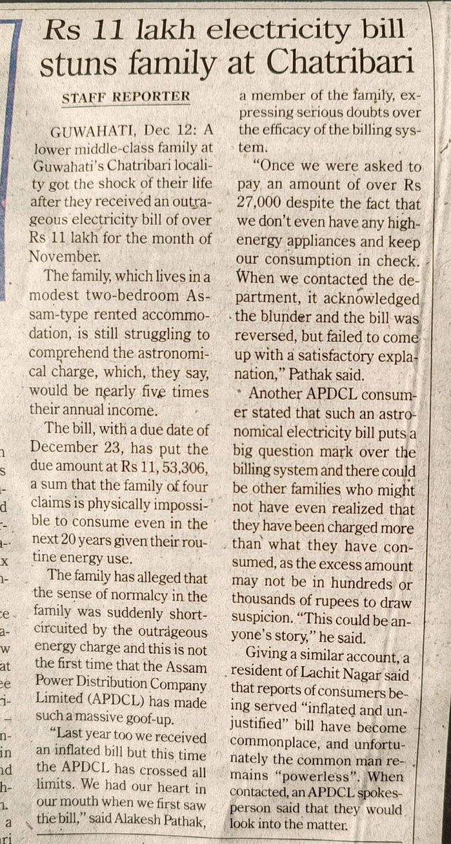 apdclsocial's tweet photo. The news item titled "Rs.11 lakh electricity bill stuns family at Chatribari" that has been published in The Assam Tribune on 13th December'2024 has not presented the complete and correct facts. 

@CMOfficeAssam
@himantabiswa

@assamtribuneoff 

1/7 https://t.co/9eQx4a7vLp