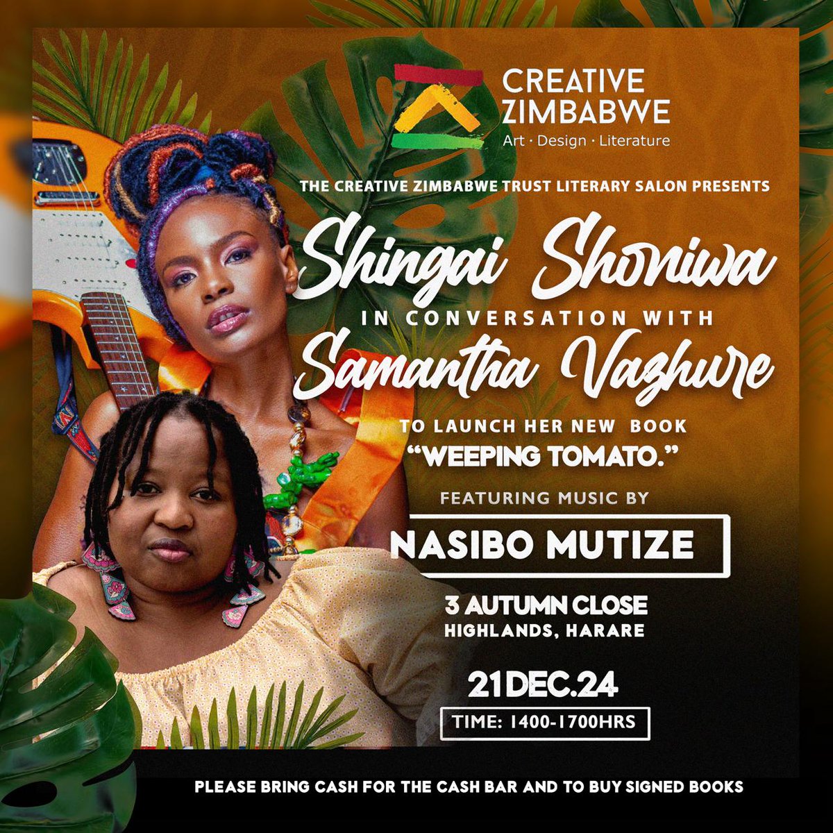 My Trust, Creative Zimbabwe, is proud and honoured  to host this year's literary salon.

Our singing sensation Shingai Shoniwa will be in conversation with <a href="/SamanthaVazhure/">Rumbidzai</a>, author and publisher of the intrepid start up, Carnelian Heart,  on her new novel, WEEPING TOMATO.