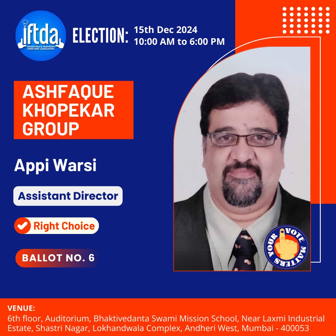 Iftda_Ashfaque's tweet photo. Ashfaque Khopekar Group member

Mr. Appi Warsi - Asst. Director

Vote for him at Ballot No. 6 on 15th Dec 2024.

#Iftda
#Director
#Assistantdirector
#Indianfilmindustry
#movie
#film
#picture
#elections
#voiceforme
#INDIA
#Mumbai
#Maharashtra https://t.co/CpCAjBjzgL
