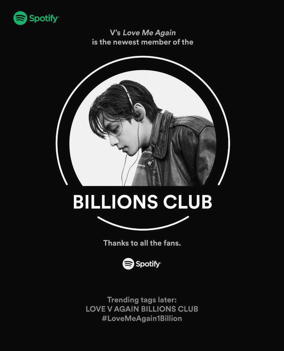 tetehigh95's tweet photo. 🚨🔥و بالاخره ترک love me again به یک‌میلیارد استریم در اسپاتیفای رسید.

CONGRATULATIONS TAEHYUNG 
LOVE ME AGAIN 1 BILLION
LOVE ME AGAIN BILLIONS CLUB
#LoveMeAgain1Billion #V_LoveMeAgain https://t.co/MJU20qpedi