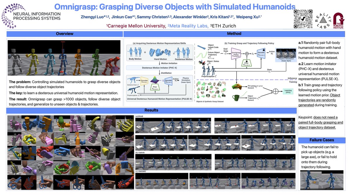 Jinkun Cao (@jinkuncao) on Twitter photo Our NeurIPS work Omnigrasp's poster session will be at this Friday!
11 a.m. PST — 2 p.m. PSTEast Exhibit Hall A-C #4108
Feel free to reach out if you are interested in the work! Our NeurIPS work Omnigrasp's poster session will be at this Friday!
11 a.m. PST — 2 p.m. PSTEast Exhibit Hall A-C #4108
Feel free to reach out if you are interested in the work!