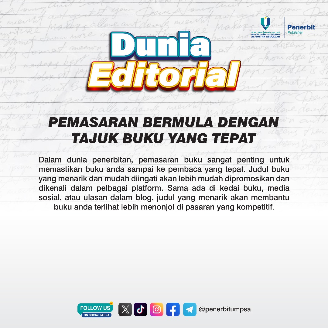 Penerbit_ump's tweet photo. Apabila kita merasakan judul buku itu menarik , secara tidak langsung kita akan tarik buku dari rak dan mula membelek-belek helaian muka surat buku kan ? Jadi sebagai seorang penulis, judul yang tepat amat penting kerana📷
.
#penerbitumpsa
#umpsa https://t.co/IEaIZuuKei