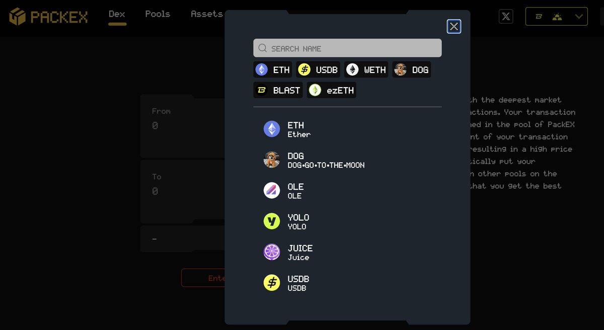 packex_io's tweet photo. 🔥Update: now we have supported the swap for $ETH $USDB $WETH $DOG $BLAST $ezETH $OLE $YOLO $JUICE $wrsETH
You can get the best price for your transaction because we will put your transaction request into the pools which have the deepest market depth on the blockchain.😋 https://t.co/iDk02whmIE