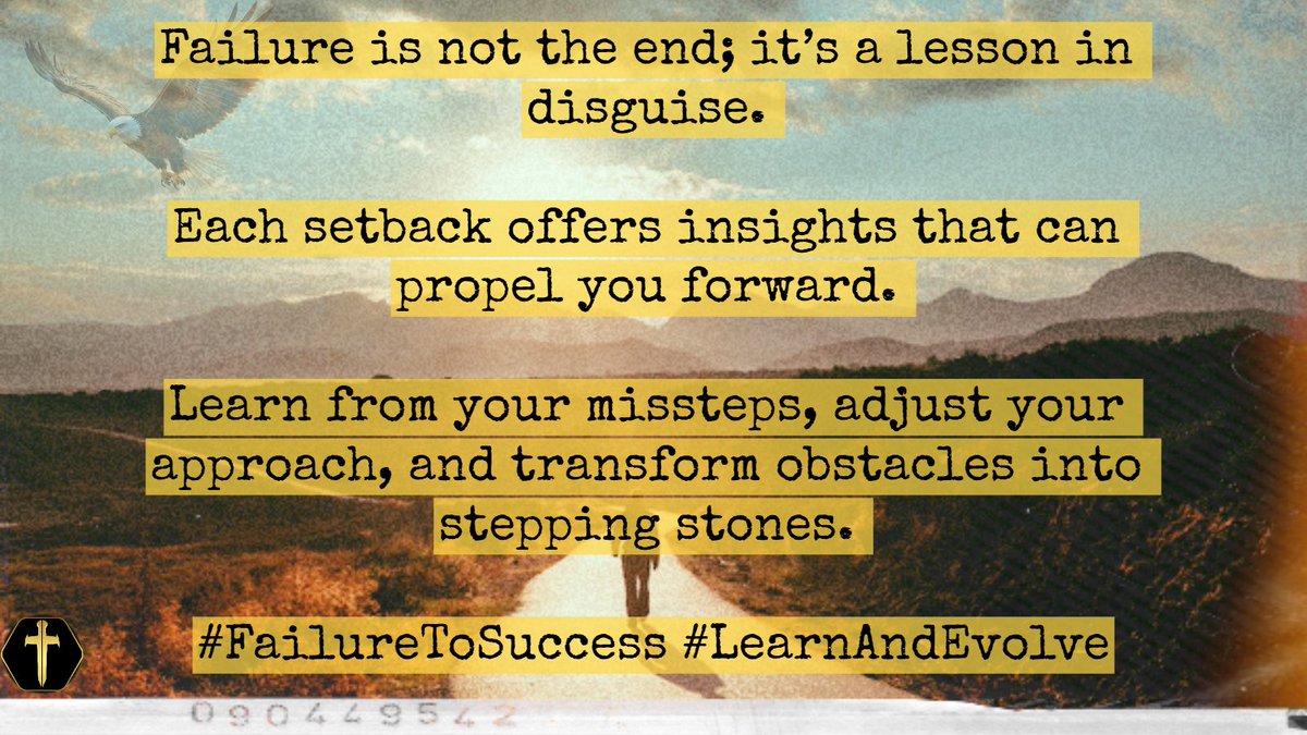 LloydDeJongh's tweet photo. Failure is not the end; it’s a lesson in disguise.
Each setback offers insights that can propel you forward.
Learn from your missteps, adjust your approach, and transform obstacles into stepping stones.
#FailureToSuccess #LearnAndEvolve https://t.co/fbJxX6CKT4