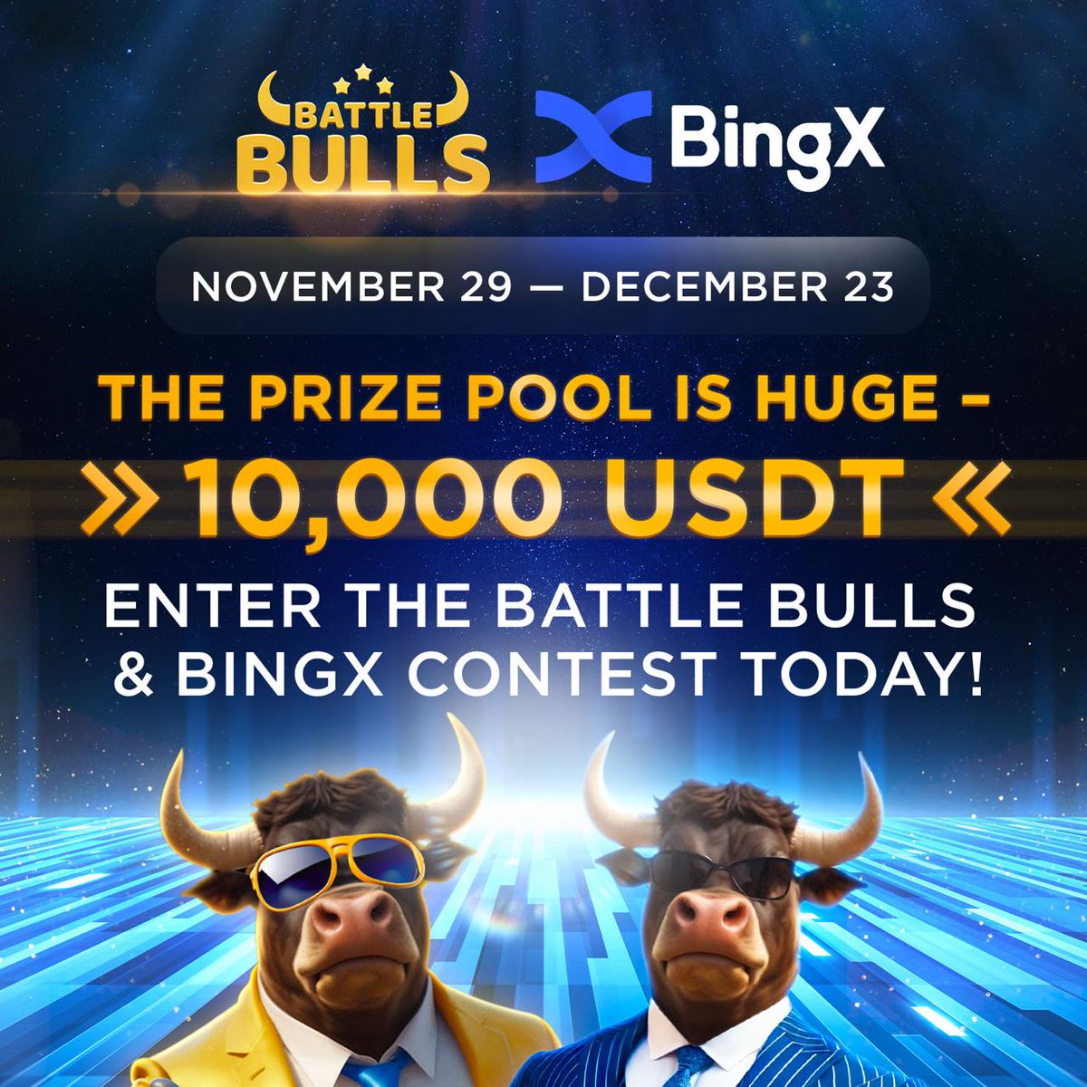 Battle__Games's tweet photo. 🔥 BATTLE BULLS x BINGX CONTEST: TURN YOUR DREAMS INTO REALITY!

📌 How to register on the BingX crypto exchange: https://t.co/G8YfzLeFYK

🟧 Founders, a reminder about the EXTENDED contest in collaboration with the BingX cryptocurrency exchange, featuring a prize pool of 10,000 USDT!

🟧 READ the rules CAREFULLY, SUBMIT your screenshots, and COMPETE for a chance to become one of the 10 LUCKY WINNING FOUNDERS! Remember, winners will be selected RANDOMLY.

PRIZES AND WINNERS:

🏆 1 Winner — 5,000 USDT
🏆 1 Winner — 2,500 USDT
🏆 1 Winner — 1,000 USDT
🏆 1 Winner — 500 USDT
🏆 2 Winners — 250 USDT
🏆 4 Winners — 100 USDT

CONTEST DATES:

Start: November 29, 2024 / 13:00 GMT
End: December 23, 2024 / 23:59 GMT
Results: December 25, 2024, on the Battle Bulls Telegram channels

HOW TO PARTICIPATE:

✅ Launch Battle Bulls: https://t.co/GyueAq5cIi and go to the "Earn" section.
✅ COMPLETE the "Register on BingX" task in the "Earn" section.
✅ MAKE any trade on the BingX exchange for AT LEAST 50 USDT starting from the contest's launch date and time, November 29.
✅ SEND a screenshot of your transaction in the Telegram bot @BattleBulls_contest_bot

CONDITIONS:

✅ 10 winners will be selected RANDOMLY using a randomizer.
✅ Each founder can win only 1 prize.
✅ Contest prizes will be paid in USDT within 14 days AFTER THE CONTEST ENDS.
✅ Each founder can make only 1 transaction and send its screenshot to the Telegram bot for participation.
✅ Battle Bulls reserves the right to change the contest dates and terms at any moment, including extending the contest, with prior notice to users.

🟧WE BELIEVE IN YOUR SUCCESS, FOUNDERS!

#battle_games #battlebulls #crypto #clicker #game #p2e #bulls #btc #play2earn