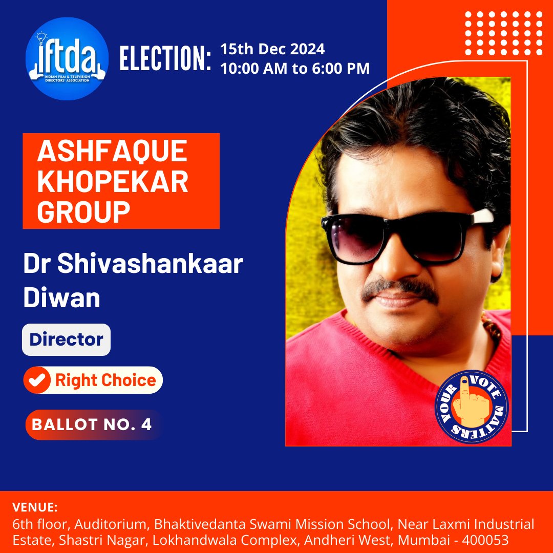 Iftda_Ashfaque's tweet photo. Ashfaque Khopekar Group member

Dr. Shivashankaar Diwan - Director

Vote for him at Ballot No. 4 on 15th Dec 2024

#Iftda
#Director
#Assistantdirector
#Indianfilmindustry
#movie
#film
#picture
#elections
#voiceforme
#INDIA
#Mumbai
#Maharashtra https://t.co/xsiVw09ilr