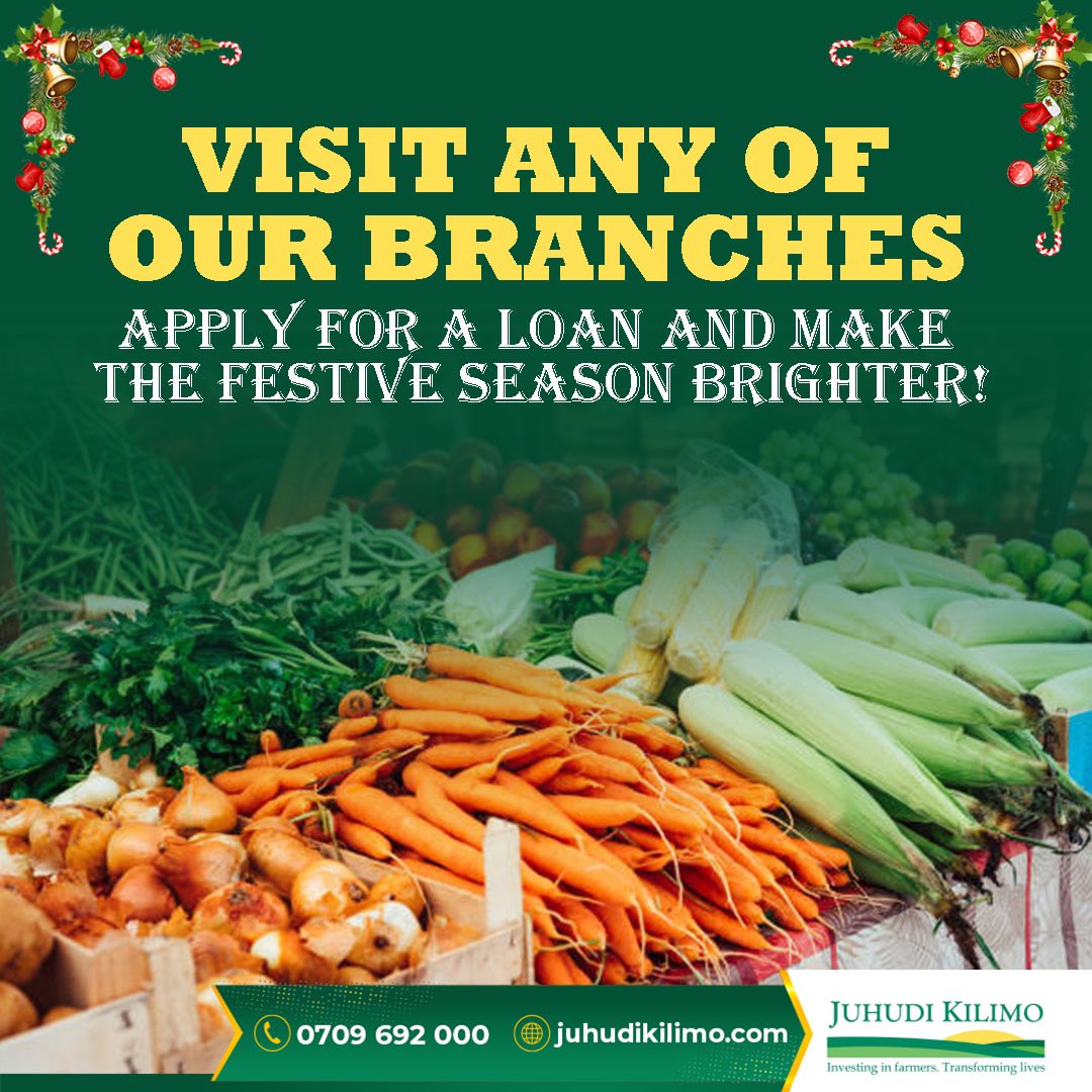 Visit any of our branches this festive season to know about us and apply for any of our loans. Juhudi Kilimo investing in farmers, transforming lives. 

#juhudikilimo #loanservices #transformation