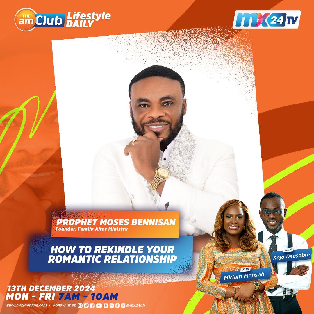 mx24gh's tweet photo. The Fri-yaaay feeling… 

We are spending time with @fosterromanus , discuss how to rekindle romantic relationships and spotlight  @AhabanGLF 

Be a part of today’s show. Don’t miss it. 

#mx24gh #funfearlessfactual #ChristmasonMX24 https://t.co/AUYMxvSQtm