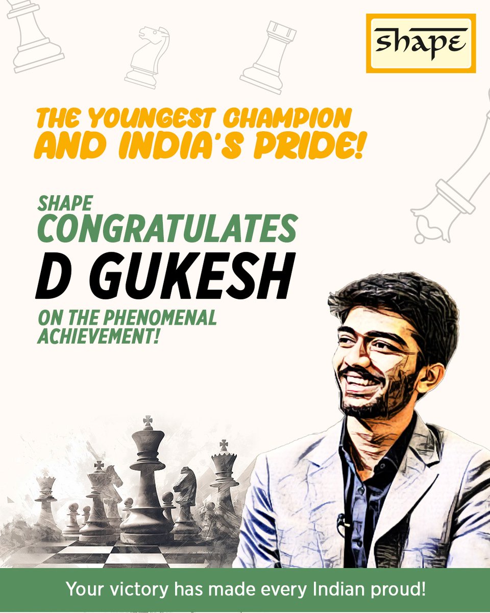 ShapeStationery's tweet photo. When talent meets determination! Congratulations, D Gukesh, on your inspiring victory as the youngest world chess champion! @DGukesh 

 #DGukesh #ChessChampion #YoungestChampion #ProudMoment #ShapeCongratulates #ShapeStationery #CreativeNotebooks #Stationery #SchoolEssentials https://t.co/xoGuQXUUsZ