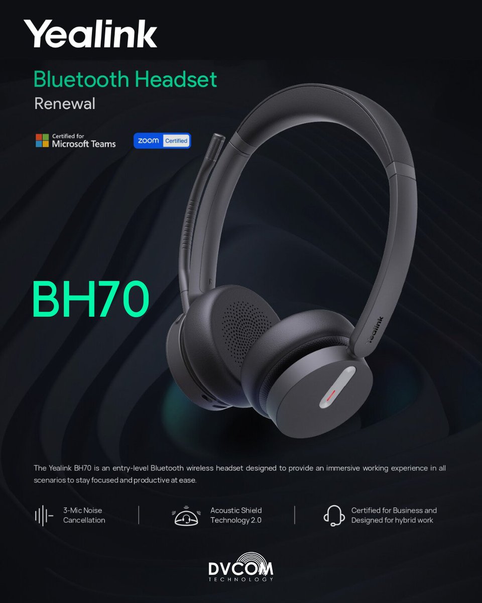 DvcomTechnology's tweet image. Why choose Yealink's BH70 Bluetooth Headset?

✅ Crystal-clear audio w/ 35mm speakers
💼 AI noise cancellation for distraction-free calls
💡 Busy light for focus
🔋 35-hour battery
🪶 All-day comfort

#Yealink #BH70 #BluetoothHeadset #NoiseCancelling #AllDayComfort #ClearAudio