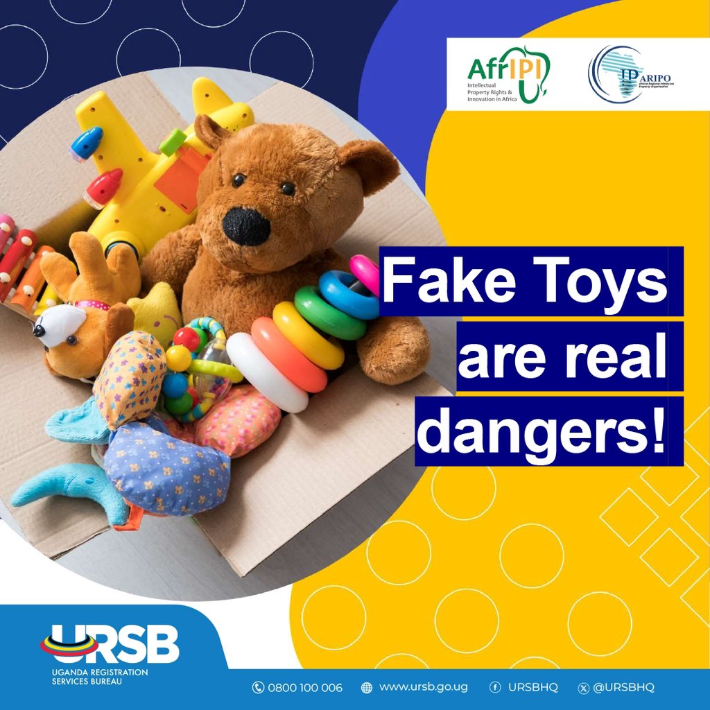 URSBHQ's tweet photo. 🚫🧸Fake toys are real dangers in Africa.
Did you know counterfeit toys may contain toxic materials and pose choking hazards?
Protect your child—always check for safety standards before making a purchase.
#IP4Africa #IntellectualPropertyUG #ConsumerSafety #StopFakeGoods @AfricaIPR