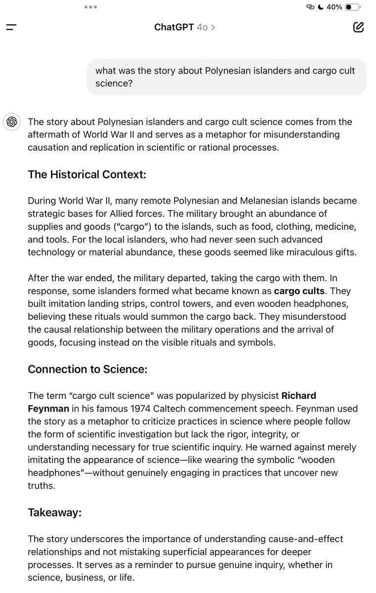 most of the world doesn’t understand the intrinsics of what drives differentiation/success in their own games

easiest thing is to imitate surface level “activities” that appear to have causation 

Richard Feynman explained it well

It’s a mental model i’ve used for ~2 decades