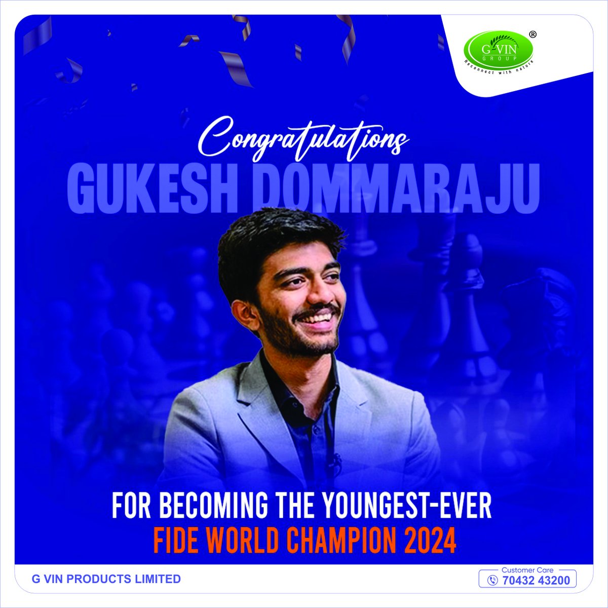 GvinGroupIndia's tweet photo. A historic moment in chess!♟️
@DGukesh
has become the youngest-ever World Chess Champion, defeating the reigning champion and breaking a four-decade-old record.  #chess #india #worldchesschampionship #dgukesh #pride #gvingroup #worldchesschampionship2024 https://t.co/4s1WOQpBOJ