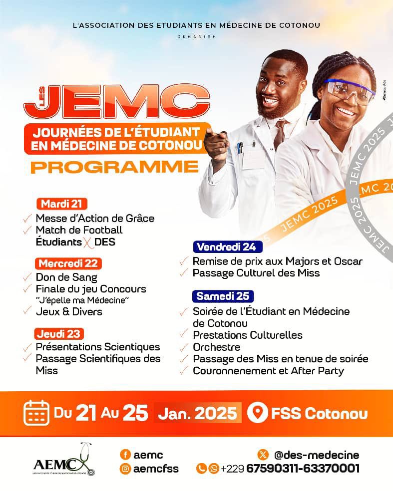 Oyé Oyé 📢 🌝
Chers fils et filles d'Hippocrate 🩺

Voici annoncé le programme de VOS festivités 🥳🥳🤩

Faite de la place sur vos agendas parce que ça va être une semaine de folie 🔥💥

#C.O.JEMC_2025
#AEMC