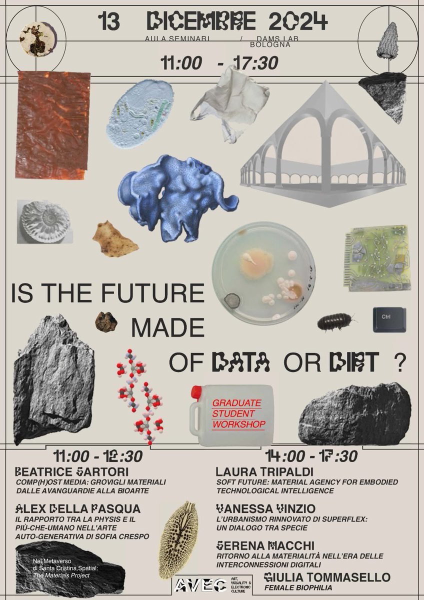 Oggi presso il DAMSLab di Unibo si tiene la sesta edizione del ciclo di workshop AVEC - Art, Visuality and Electronic Culture. Il tema è quello della materialità e del confine labile tra naturale e sintetico nella #bioarte e in altre forme di media art dell’epoca post-pandemica